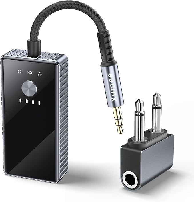 Xumee Airplane Bluetooth 5.2 Transmitter for 2 AirPods or Headphones, aptX Low Latency, 3.5mm AUX Jack & Bluetooth Receiver – Wireless Audio Adapter for Plane Travel, TV, Gym,Car,Speakers (Grey)