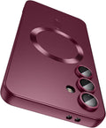 Magnetic for Samsung Galaxy S25 Case [Compatible with MagSafe][Built-in Camera Lens Protector] Slim Soft Silicone Bumper Shockproof Metallic Luster Phone Shell (Burgundy)