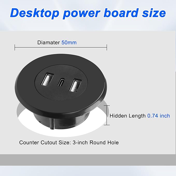 MEIRIYFA 3-in-1 Desktop Power Embedded Charger USB/Type C Desktop Station Mounts Charging Dual USB Multifunctional Desk USB Hub with 6.56 FT Power Cord for Bedside Table, Desks, Furniture