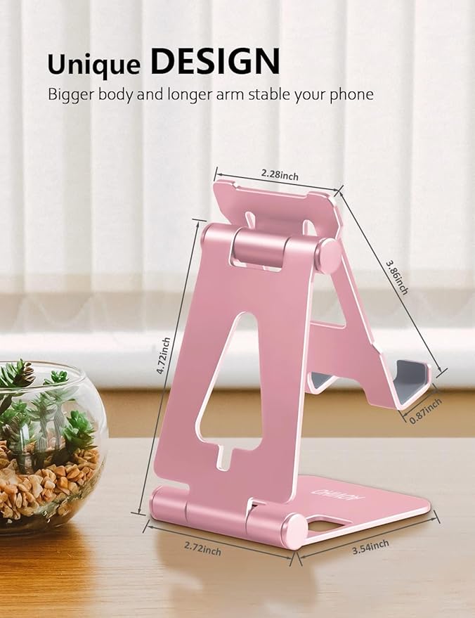 Cell Phone Stand for Desk, Adjustable Desktop Phone Holder Stand, Foldable Moblie Phone Dock for iPhone 15 14 13 12 11 Pro Xs Max Xr X 8 7 6 5 5s SE Nintendo Switch All Phones, Rose Gold