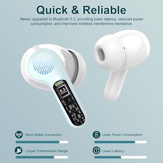 Wireless Earbuds, Bluetooth 5.4 Headphones HiFi Stereo, Bluetooth Earbuds with ENC Noise Cancelling Mic, IP7 Waterproof in Ear Earphones, 48H, LED Display Ear buds for Pad Workout Sports, Azure