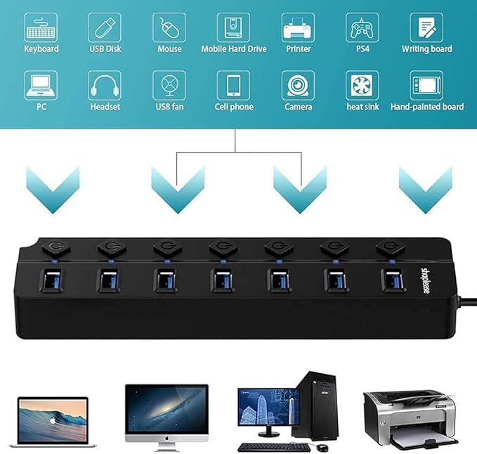 USB 3.0 Splitter, 7-Port USB 3.0 Hub with Individual Power Switches and Lights, Portable Expansion Data Hub with 5V/2A Power Adapter for Windows 10, 8.1, 8, 7, Vista, XP, Linux, Mac OS X