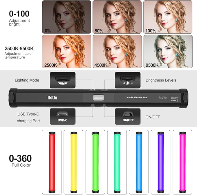 RGB Photography Light Wand Stick, 360° Full Color Portable LED Lighting Wand Handheld 5000mAh Rechargeable Battery & Magnet with 27"-80" Tripod Stand-2 Pack