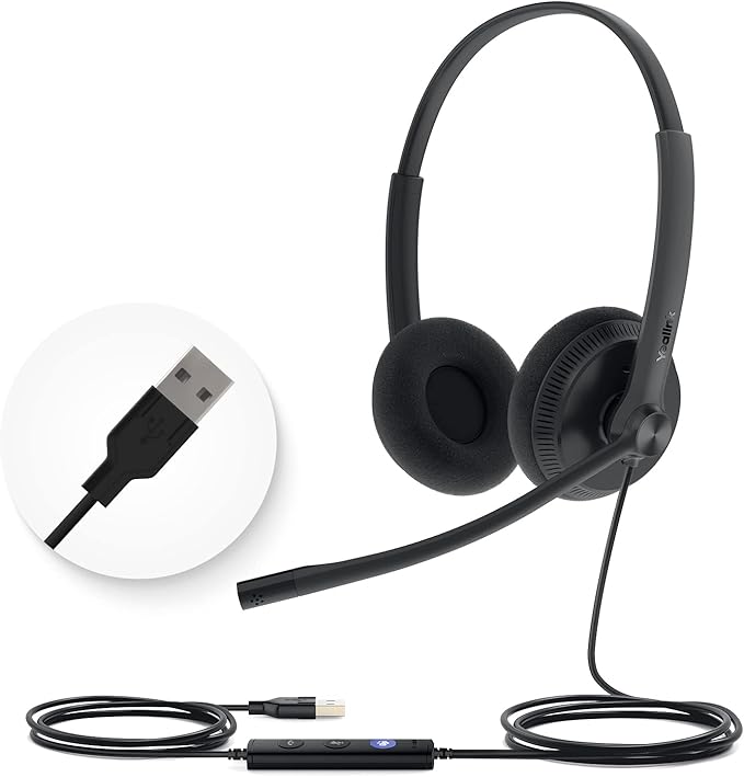 Yealink UH34 USB Headset with Mic,Stereo Wired Headphones with Noise Cancelling Microphone,Professional Work Headset VoIP Phone PC Computer Call Center Office(Ultra Light)