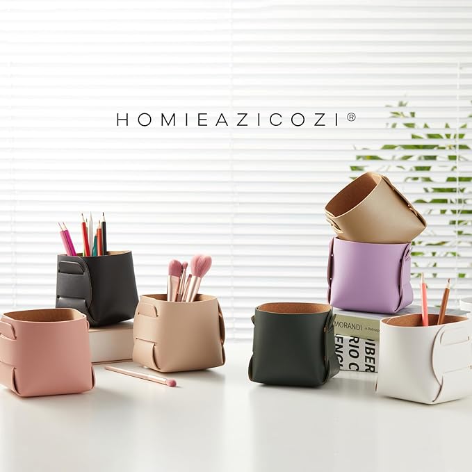 HOMIEAZICOZI 2-Pack Cork Leather Desk Accessories Storage - Pencil Pen Holder - Makeup Brush Holder Organizer - Stylish Addition to Home Decor (Olive Green)