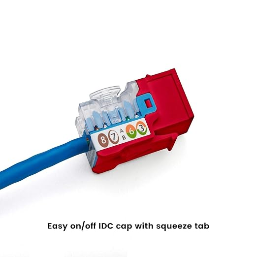 trueCABLE Cat5e Keystone Jack, Unshielded (UTP), 90 Degree Punch-Down, PoE++ (4PPoE) 100W, UL Listed, ETL Verified, ANSI/TIA Certified, Modular RJ45 Female, Red, 12 Pack