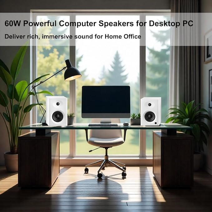 Bookshelf Speakers with Deep Bass, 80W Peak Output Small HiFi Gaming Computer Speakers, 4" Desktop Audio System for Small Home Office Desktop PC, Pair, White