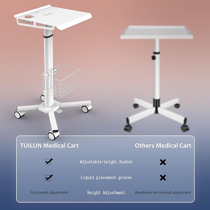 Adjustable Height Portable Laptop Desk with Wheels,White Computer Cart on Wheels,Standing Mobile Desk Workstation, Utility Medical Cart