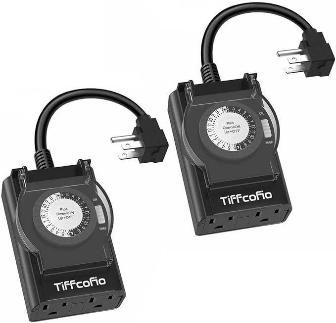 Outdoor Timer Outlet Waterproof, 24 Hour Mechanical Light Timer Outdoor, 2 Grounded Outlets for Home and Garden, 15A 1/2HP, Heavy Duty, ETL Listed (2 Pack)