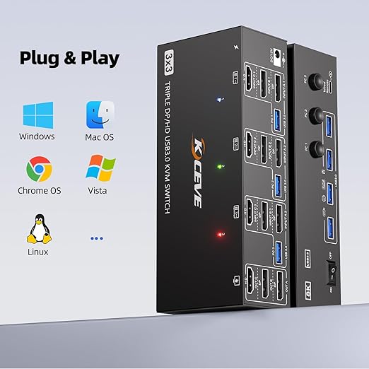 KVM Switch 3 Monitors 3 Computers 8K@60Hz 4K@144Hz, HDMI Dispalyport Triple Monitor KVM Switches with 4 USB3.0 Port for USB Devices, Support Extended/Mirror Mode, Wired Controller and USB3.0 Cables