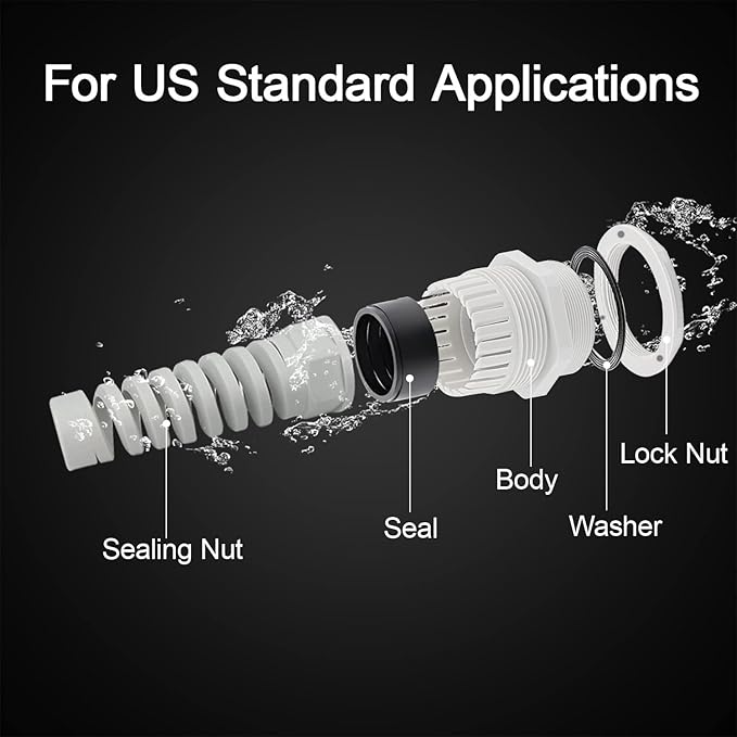LeMotech 50Pcs NPT 1/2" IP68 Waterproof Cable Gland Flex Spiral Strain Relief Grey Nylon Joint with Gaskets for 6-12mm Wire Thread