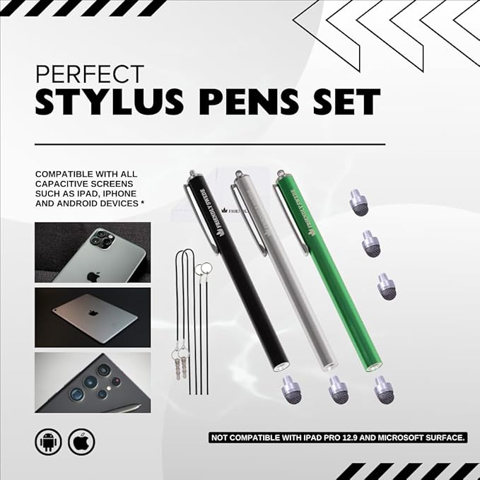 The Friendly Swede Mesh Tip Stylus Pen for Touchscreen — 3-Pack Micro-Knit Capacitive Stylus Pen for iPad & iPhone with 3 Replaceable Fiber Tips, Elastic Lanyards & Screen Cleaning Cloth
