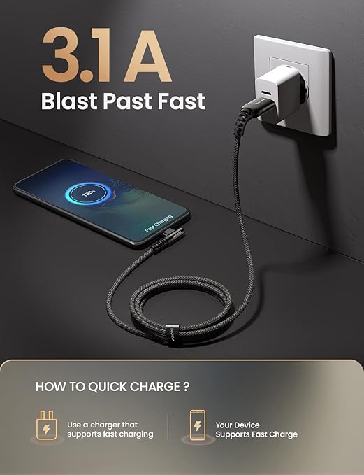 AINOPE [2 Pack 1.6FT Type C Cable, 3.1A Type C Charger Fast Charging, Right Angle Nylon Braided USB to USB C Cable Compatible with Galaxy S22 S21 S10, Note 10 9 A51 LG G8 G7 Charging Cord