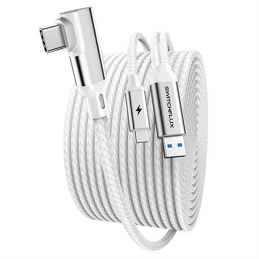 16FT VR Charging Link Cable | USB 3.0 High-Speed Data & Charge for Meta Quest 3S/3/2/Pro, Pico 4 and PC/SteamVR USB-C Charger Cord for VR Headset - White
