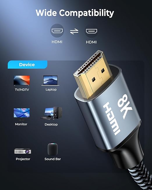 8K HDMI Cable 6 ft, 48Gbps High Speed HDMI 2.1 Cable, Braided HDMI Cable 2.1 8K 60Hz 4K 120Hz Support for HDR eARC HDCP 2.2/2.3, HDMI Cord Compatible with HDTV, Laptop, Monitor, PC