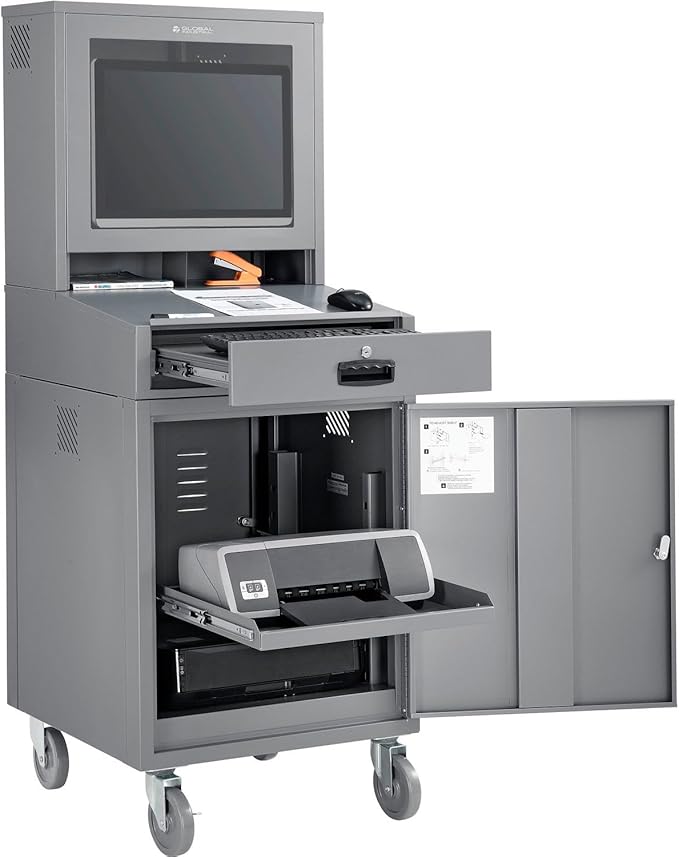 Global Industrial Mobile Security LCD Computer Cabinet Enclosure for 24" Diagonal Monitors, Steel Construction, Gray Powder Coat Finish, 24-1/2"W x 22-1/2"D x 62-3/4"H
