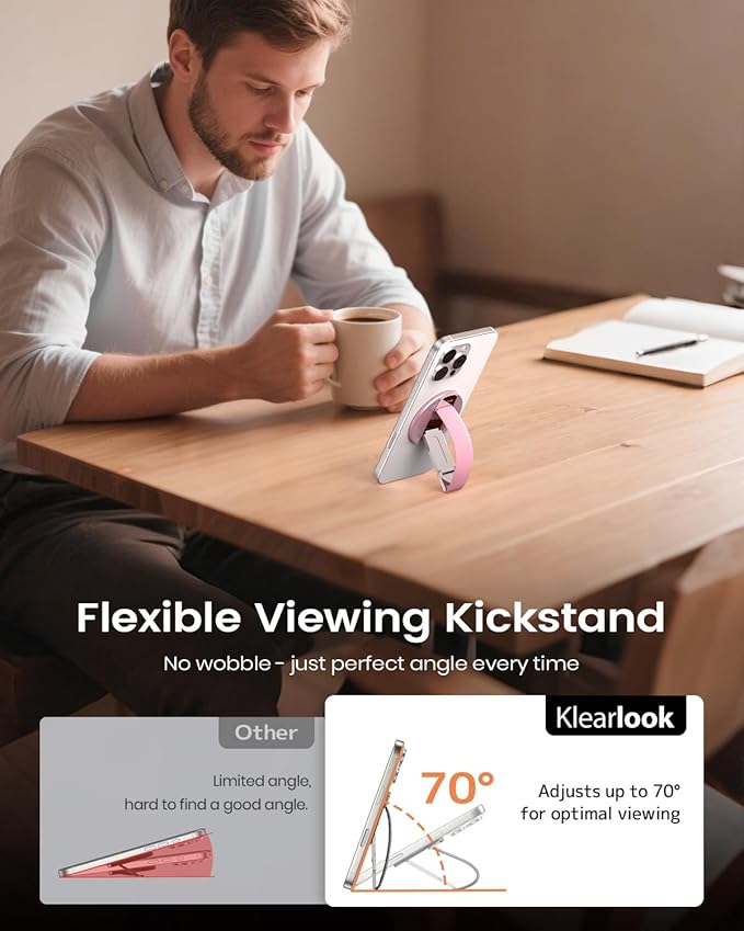 2025 Klearlook for MagSafe Phone Grip with Silicone Finger Strap, Removable Magnetic Phone Ring Holder with Adjustable Kickstand, Finger Phone Ring Grip for iPhone 16/15/14/13/12 Series, Pink