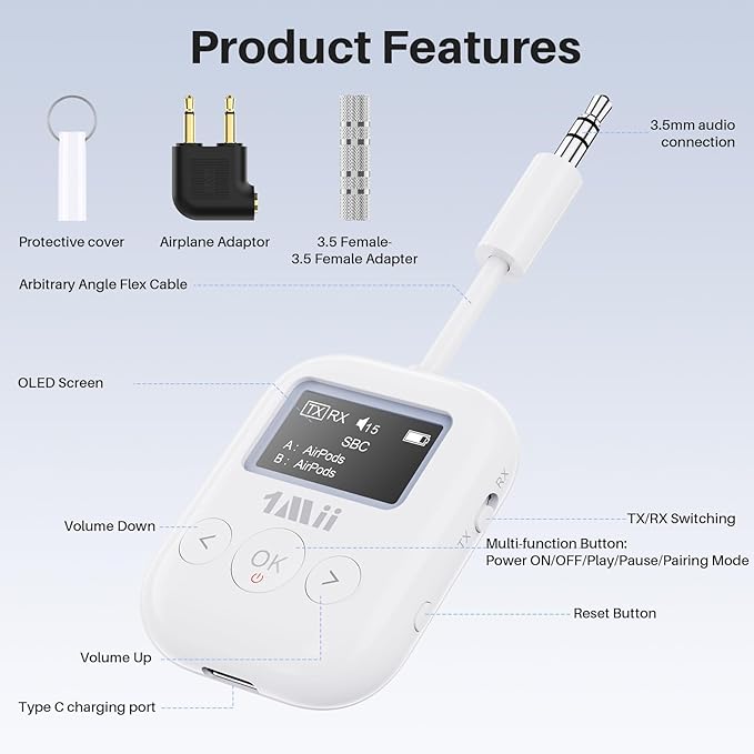 1Mii SafeFly Min+ Bluetooth Transmitter and Receiver,Bluetooth Adapter for Airplane, Supports to 2 AirPods/Headphones,Use with Any 3.5mm Jack on Airplanes, Gym, TVs, Car, Home, Boat(White)
