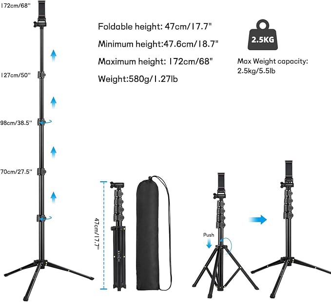 Victiv 68 inch/ 173cm Phone Tripod Stand, Selfie Stick Tripod for Filming with Remote &Smartphone Holder