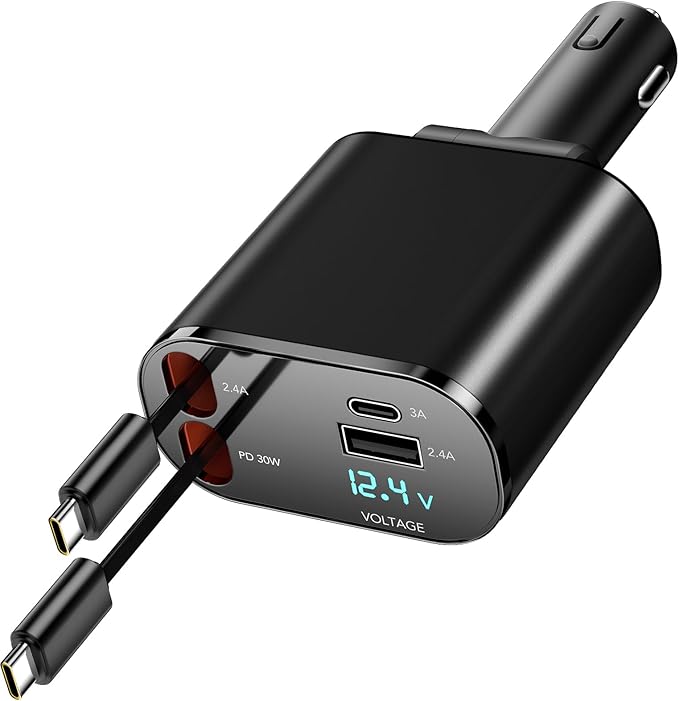 Retractable Car Charger Compatible with Galaxy Pixel, 4 in 1 Fast Charging Car Charger 60W, Double Type C Retractable Cable and 2 USB Ports
