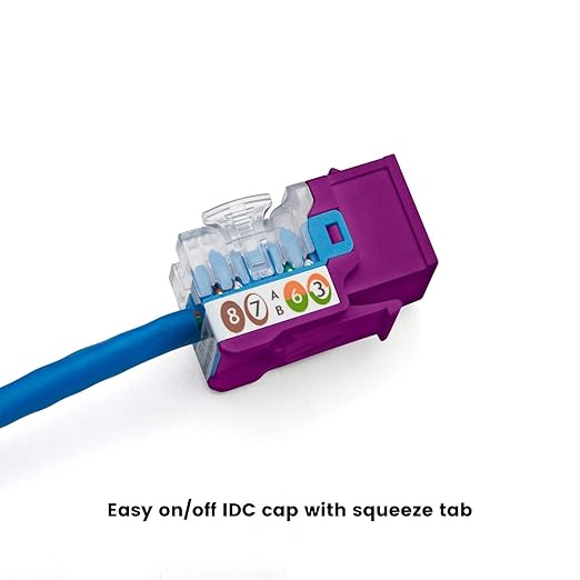 trueCABLE Cat5e Keystone Jack, Unshielded (UTP), 90 Degree Punch-Down, PoE++ (4PPoE) 100W, UL Listed, ETL Verified, ANSI/TIA Certified, Modular RJ45 Female, Purple, 12 Pack