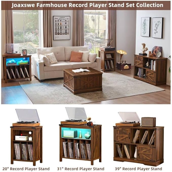 Large Record Player Stand with Charging Station & LED Lights, Vinyl Records Storage Holder Cabinet Holds up to 230 Albums, Turntable Stand for Music Room, Bedroom, Living Room, Office (Brown)