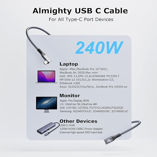 CABLEDECONN USB C 3.2 Gen-2 Extension Cord 2M 6.6FT 90 Degree Elbow Thunderbolt 3 240W Fast Charging Cable Male to Female Data Transfer 20Gbps 48V/5A 4K Video Cable Compatible with MacBook