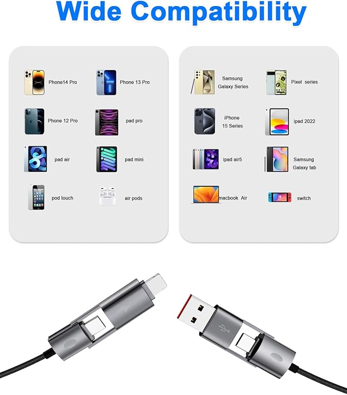 4 in 1 USB C Cable, 2Pack 6FT Round Braided Multi Fast Charging Cable, PD 65W 27W, 480Mbps Data Transfer, Compatible with iPhone/iPad/Samsung/MacBook