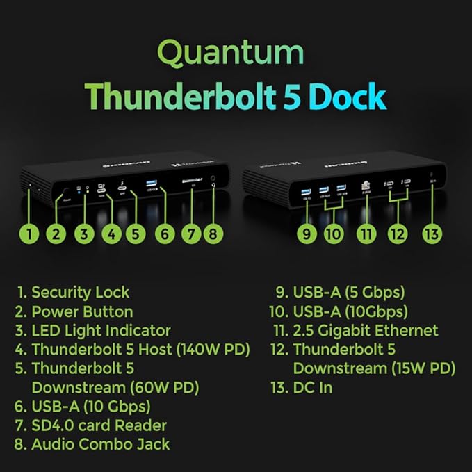 IOGEAR Quantum Thunderbolt 5 Dock Pro - 10 Devices - 80gbps - 2.5G - TB5 Host Dual 8K 60hz / Triple 4K Display 120hz - USB-A, SD 4.0, Audio - TAA - 140W Host Power - Includes PSU - Win 11 — GTD58KTAA