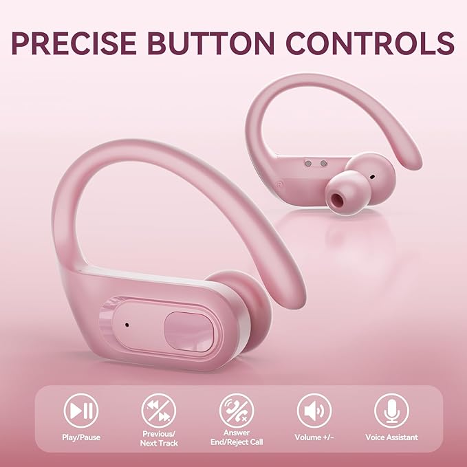 occiam Wireless Bluetooth Earbuds Sport Ear Buds Workout Headphones 96H Playback in-Ear Earphones with Earhooks Buit-in Mic Button Control Bass Stereo Headset for Gym Exercise Running Pink