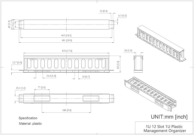 2 Pack 1U 12 Slot Horizontal Rack Mount Cable Management Organizer Plastic 19" Rack Mount with M6 Screws and Cage Nuts (PCMB12S2PC)