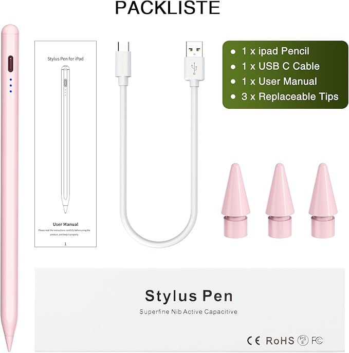 Pen for iPad 2018-2025, HATOKU 15 Mins Fast Charging Pencil 1st Gen with Tilt & Palm Rejection Compatible with iPad Air 3/4/5/M2/M3, iPad mini 5/6, iPad 6/7/8/9/10/11, iPad Pro 11"/12.9"/M4 (Pink)