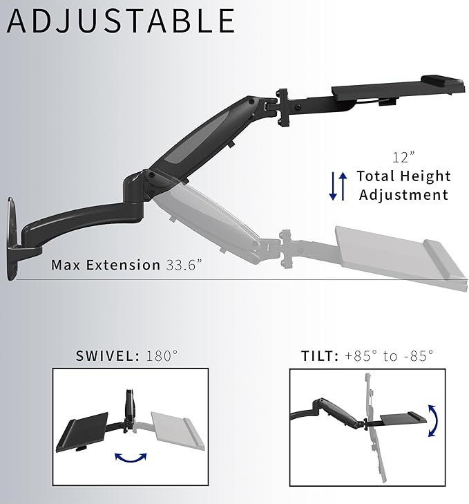 VIVO Sit-Stand 24 Inch Pneumatic Spring Keyboard and Mouse Tray Wall Mount, Counterbalance Height Adjustable Typing Platform, Ergonomic Tilt, Black, MOUNT-KB35B