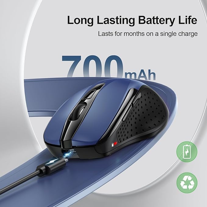 TECKNET Wireless Mouse (BT5.0/3.0 & 2.4G) Rechargeable 4800 DPI Silent USB A & Bluetooth Mouse 6 Buttons, Wide Compatibility - Blue