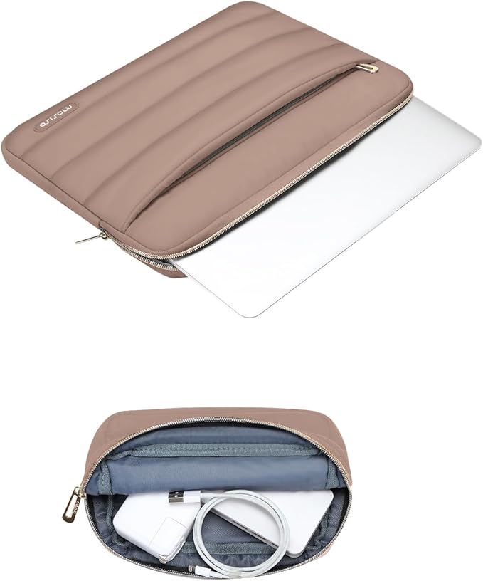 MOSISO 13.3 inch Laptop Case, 13-13.3 inch Puffy Laptop Sleeve Compatible with MacBook Air 13 13.6 M4 M3 M2 M1/Pro 13/Pro 14, HP Dell ASUS Lenovo,Polyester Horizontal Bag with Small Case, Brown