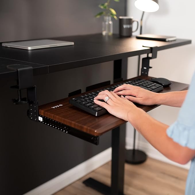 VIVO Large Height Adjustable Under Desk Keyboard Tray, C-clamp Mount System, 27 (33 Including Clamps) x 11 inch Slide-Out Platform Computer Drawer for Typing, Dark Walnut, MOUNT-KB05HD