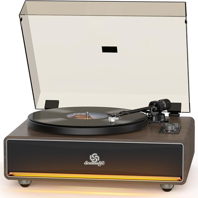 Vinyl Record Player Built in HiFi Stereo Speakers BT Wireless Input Belt Drive Iron Platter Turntables for Vinyls Records with MM Audio AT-3600L Cartridge Soft Warm Light Design Wooden Cream Brown