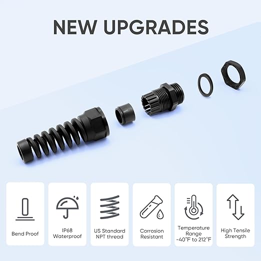 Strain Relief Cord Connector,LISTENJIALE 5Pcs NPT 1" Waterproof Cable Gland Flex Spiral Strain Relief Adjustable 18-25mm Cable Connector Nylon Joint with Gaskets(Black)