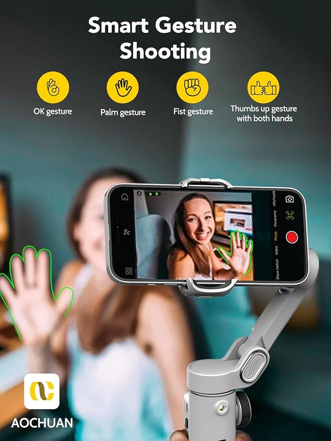 Smart X2 Gimbal Stabilizer for iPhone, Built-in 20cm Extension Rod, 3-axis Handheld Smartphone Gimbal, Foldable Phone Tracking Tripod Selfie Stick w/OLED Display, Video Recording, White