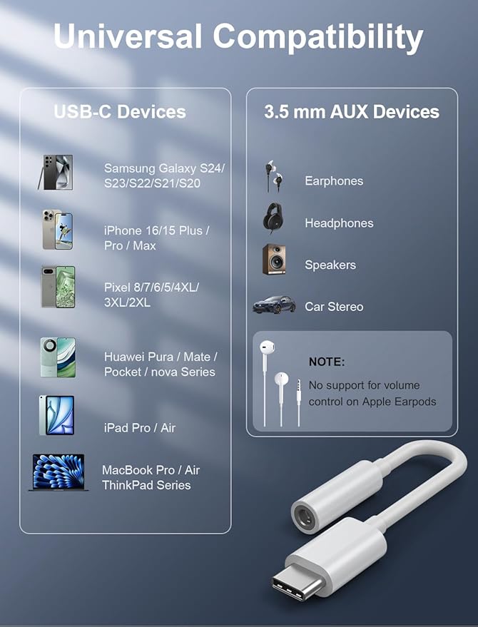 USB-C to 3.5mm Audio Headphone Adapter - HiFi 1000 Pack Compatible with Apple iPhone 16 15 Samsung Galaxy S25 S24 S23 S22 S21 Plus Pro Max Ultra Pixel iPad - Type C to Aux Cord Jack Dongle Adapter