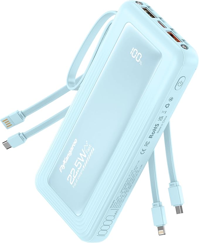 Portable Charger with Built in Cables, Slim 10000mAh Fast Charging 22.5W Power Bank USB C LED Display Battery Pack 6 Outputs & 2 Inputs for iPhone Samsung Pixel LG Moto iPad