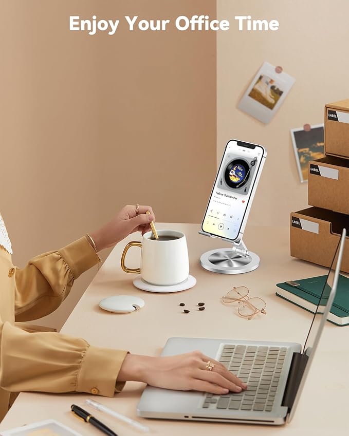 360 Rotating Phone Stand for Desk, Dual-Adjustable Foldable Aluminum Desktop Phone Holder Compatible with iPhone 16 15 14 13 12 11 Series, iPad-Mini, 4-8" All Phones (Silver)