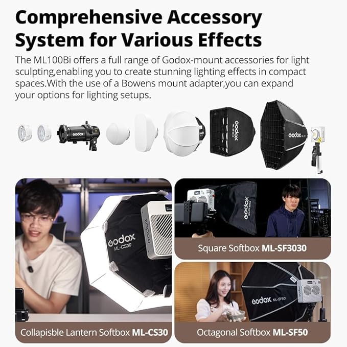 Godox ML100Bi Bi-Color LED Video Light, 120W 34300Lux@1M CRI 97+ TLCI 98+ 2800K-6500K, 11 FX Effects Photography Light, Portable LED Continuous Light
