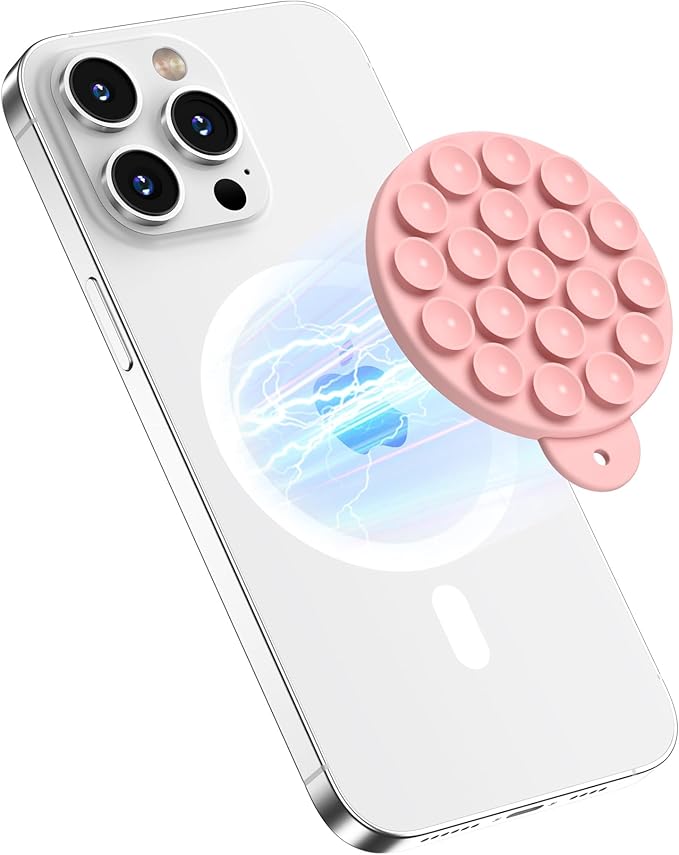 Magnetic Suction Cup Phone Mount for MagSafe Case, Silicone Hands-Free Grip Holder for iPhone and Android, Mirror Shower Phone Stand for Makeup FaceTime Gym Kitchen Bathroom, Peach Pink