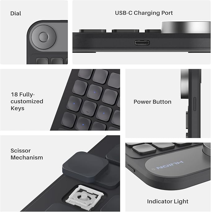HUION Keydial Mini Bluetooth Programmable Keypad with Dial 5 Keys Anti-ghosting 18 Customized Keys, Wireless Shortcut Keyboard for Drawing Tablet, PC, MacBook, Surface Pro, Laptops