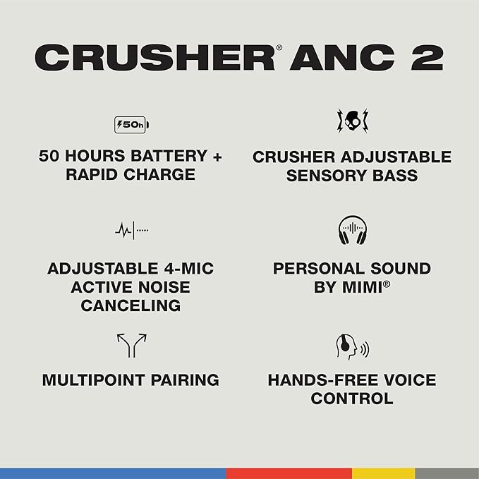 Skullcandy Crusher ANC 2 Over-Ear Noise Canceling Wireless Headphones with Sensory Bass and Charging Cable, 50 Hr Battery, Skull-iQ, Alexa Enabled, Microphone, Works with Bluetooth Devices - Black