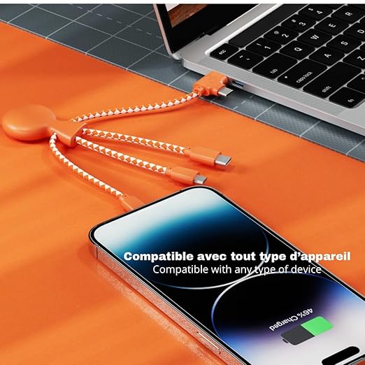 Multi USB Cable 4 in 1 - Universal Charger Made from Recycled Plastic - USB, USB-C, Lighting, Micro USB Ports - Compatible with All Smartphones Mr Bio Blue Octopus (Orange)