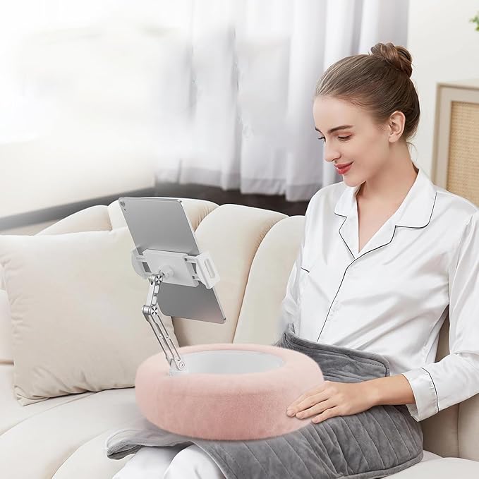 Pillow Stand Holder for Kindle Tablet iPad,Plush Mobile Phone Stand with a Snack Bowl with lid,Compatible with 4.7"-13" Phone, Tablet, iPad, iPhone, Google, Kindle, Samsung (Pink)