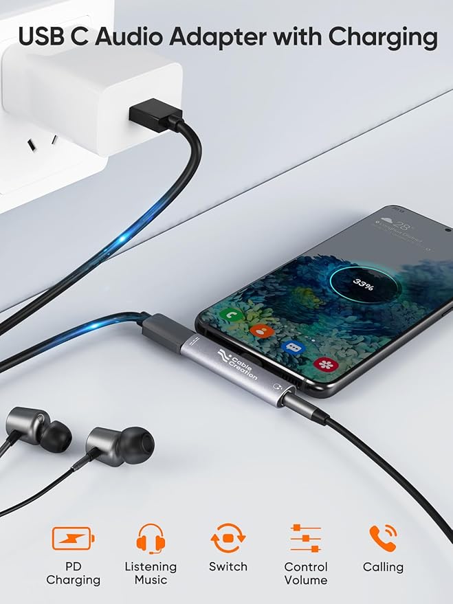 CableCreation USB C to 3.5mm Headphone and Charger Adapter, 2 in 1 Type-C to 3.5mm Audio Hi-Res with PD Fast Charge, USB C to Aux with Charging Dongle for iPhone 16 15 Pro Max, Galaxy 24+, Pixel, iPad