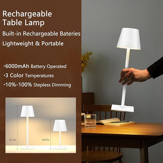Cordless Table Lamp Rechargeable Lamps: 6000mAh Battery Operated Table Lamp Outdoor Waterproof, Touch Control, Portable Wireless Desk Lamp for Dinner/Bedroom/Restaurant （White2 Pack